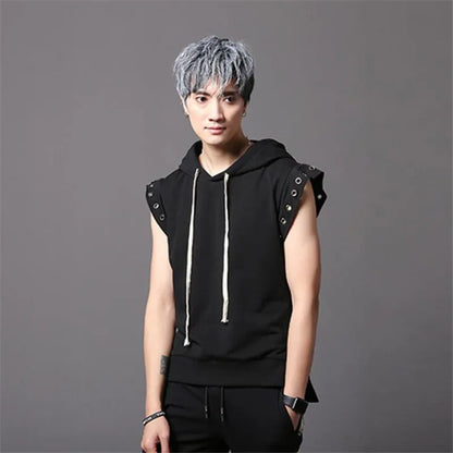 Camiseta con capucha estilo hip hop punk para hombre, diseño con cordones en la espalda, ropa urbana