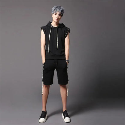 Camiseta con capucha estilo hip hop punk para hombre, diseño con cordones en la espalda, ropa urbana