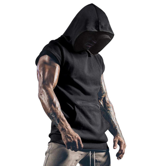 Summer Men Hooded Tank Top Solid Color Short Sleeve Vest Tops with Pocket O-neck Slim Fit Male Fitness Tank Vest Sports Tee Tops