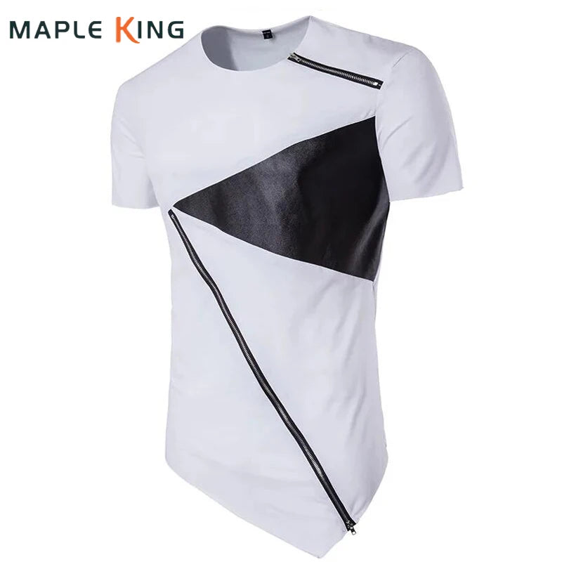 T Shirt Men Long Patchwork Leather Zipper