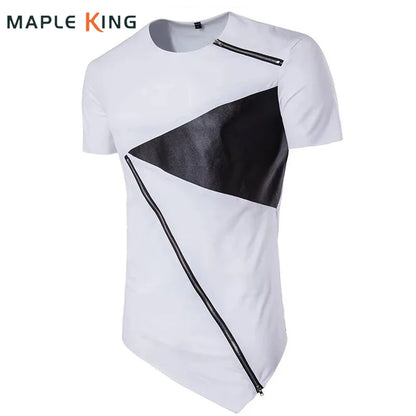 Camiseta larga de hombre con cremallera de cuero y patchwork