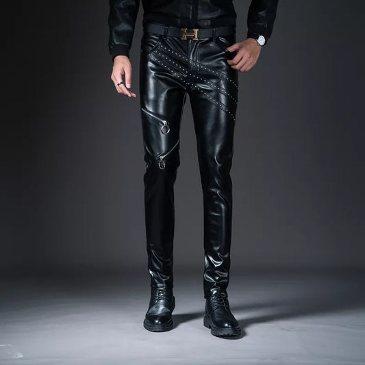 New Winter Mens Skinny Biker Leather Pants Fashion Faux Leather Motorcycle Trousers For Male Stage Club Wear