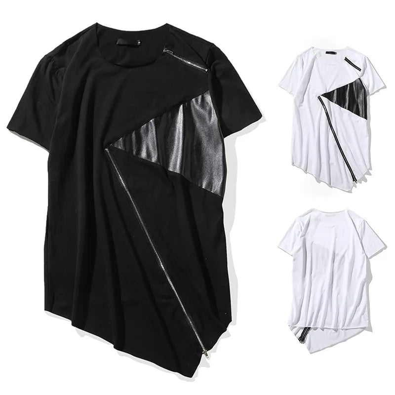 T Shirt Men Long Patchwork Leather Zipper