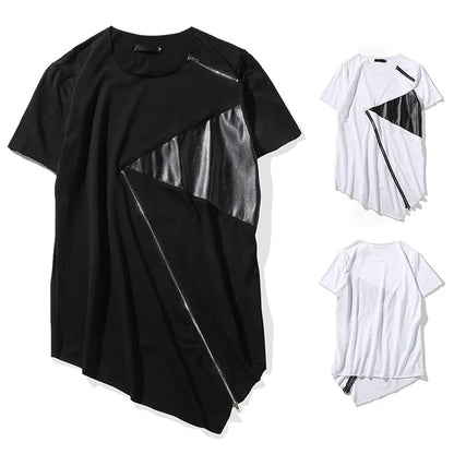 Camiseta larga de hombre con cremallera de cuero y patchwork