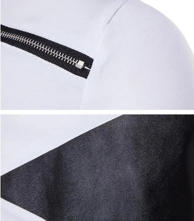 T Shirt Men Long Patchwork Leather Zipper