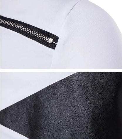 Camiseta larga de hombre con cremallera de cuero y patchwork