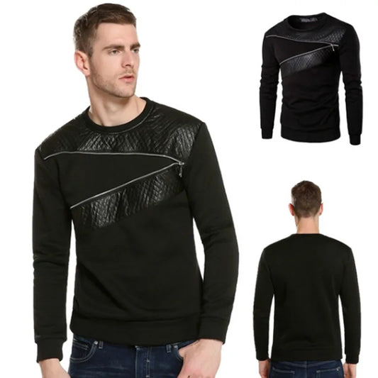 Sudadera con capucha y cremallera de retazos de cuero de otoño para hombre