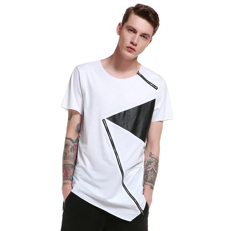 T Shirt Men Long Patchwork Leather Zipper