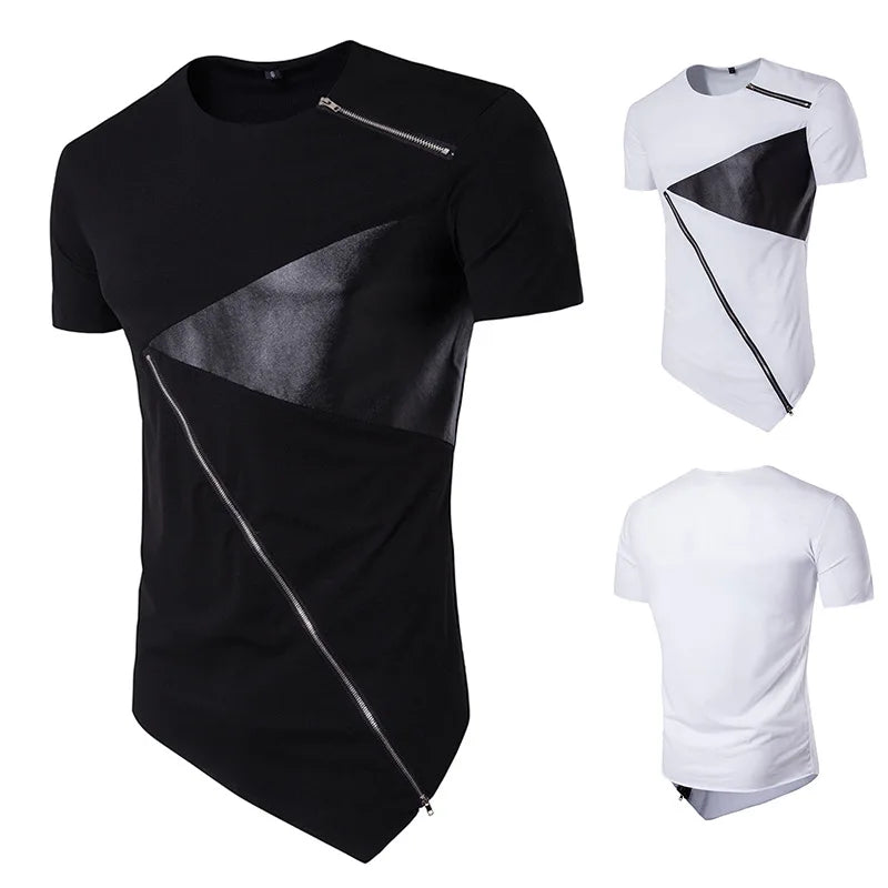 T Shirt Men Long Patchwork Leather Zipper