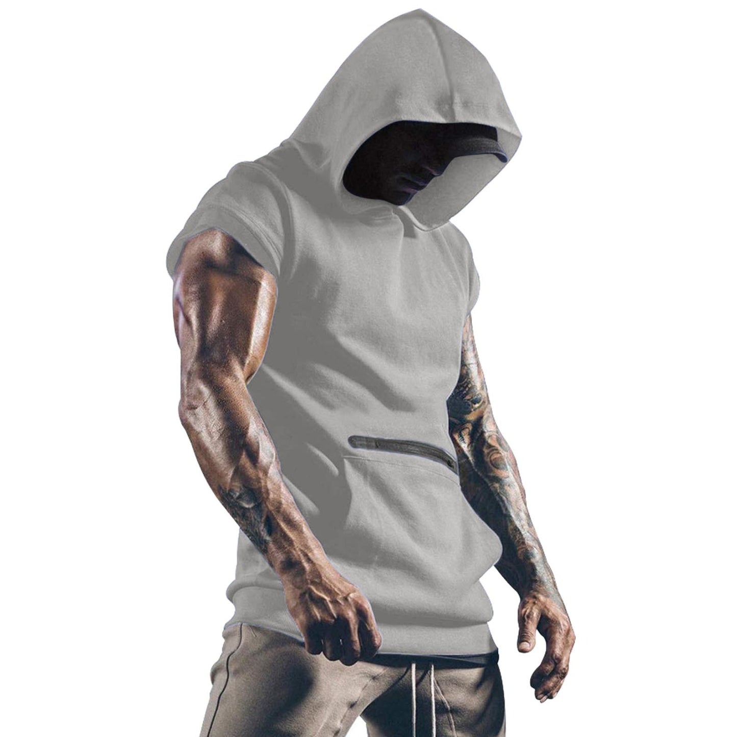 Camiseta sin mangas con capucha de verano para hombre, chaleco de manga corta de Color sólido con bolsillo, cuello redondo, camiseta sin mangas ajustada para hombre, camisetas deportivas