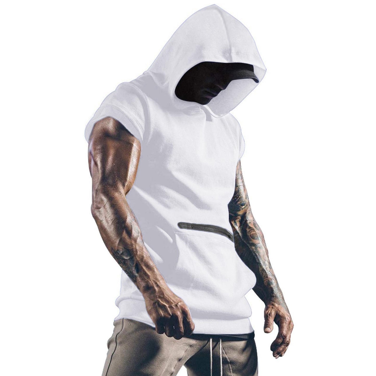 Camiseta sin mangas con capucha de verano para hombre, chaleco de manga corta de Color sólido con bolsillo, cuello redondo, camiseta sin mangas ajustada para hombre, camisetas deportivas