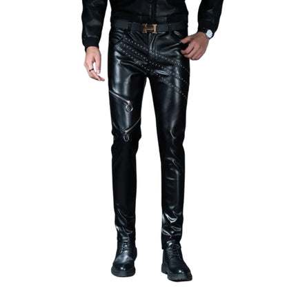 New Mens Skinny Biker Leather Pants Fashion Faux Leather Motorcycle Trousers For Male Stage Club Wear
