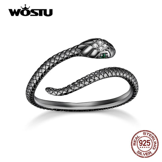 WOSTU New Black Snake Ring 100% 925 Sterling Silver Plated Black Gold Animal Snake Open Ring For Women Fine S925 Jewelry Present