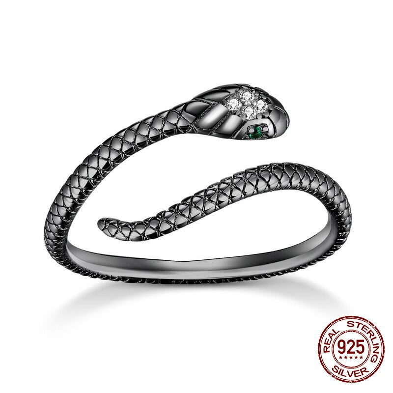 WOSTU New Black Snake Ring 100% 925 Sterling Silver Plated Black Gold Animal Snake Open Ring For Women Fine S925 Jewelry Present