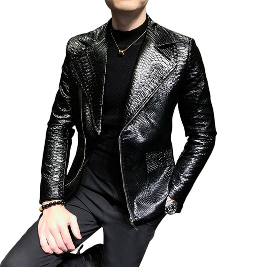 Chaqueta informal de cuero de serpiente para hombre, diseño de otoño, chaquetas de cuero PU de Color sólido para motorista, estilo británico para hombre, motocicleta Vintage