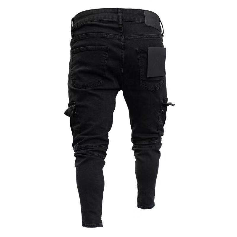 Pantalones de mezclilla largos rasgados de motorista para hombres Pantalones de mezclilla ajustados Pantalones negros elásticos destruidos