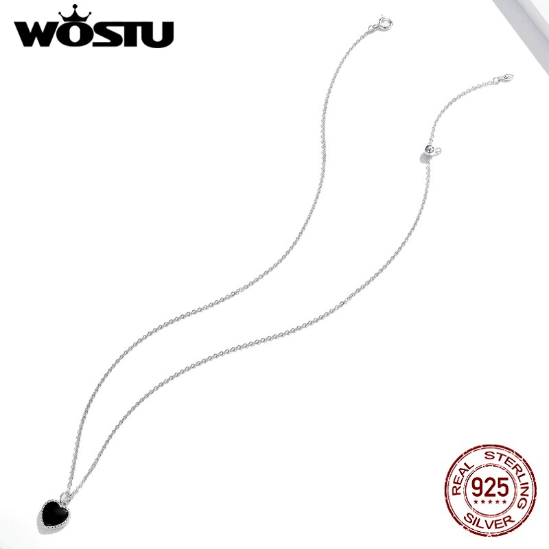 WOSTU 925 Sterling Silver Black Heart Agates Necklace Long Chain Link Necklace For Women Fashion Jewelry CQN443