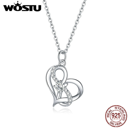 WOSTU 925 Sterling Silver Heart to Heart Necklace Dazzling CZ Long Chain Link Necklace For Women Fashion Jewelry CQN442