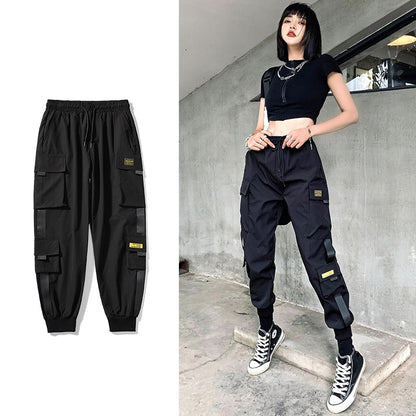 Streetwear pantalones negros cintura elástica pantalones de chándal verano otoño Hip Hop mujer Pantalones