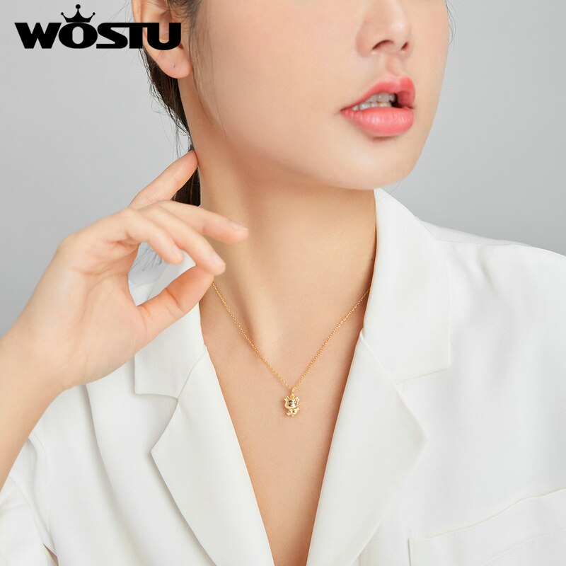 WOSTU 925 Sterling Silver Heart to Heart Necklace Dazzling CZ Long Chain Link Necklace For Women Fashion Jewelry CQN442