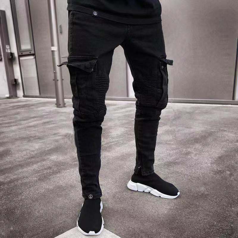 Pantalones de mezclilla largos rasgados de motorista para hombres Pantalones de mezclilla ajustados Pantalones negros elásticos destruidos