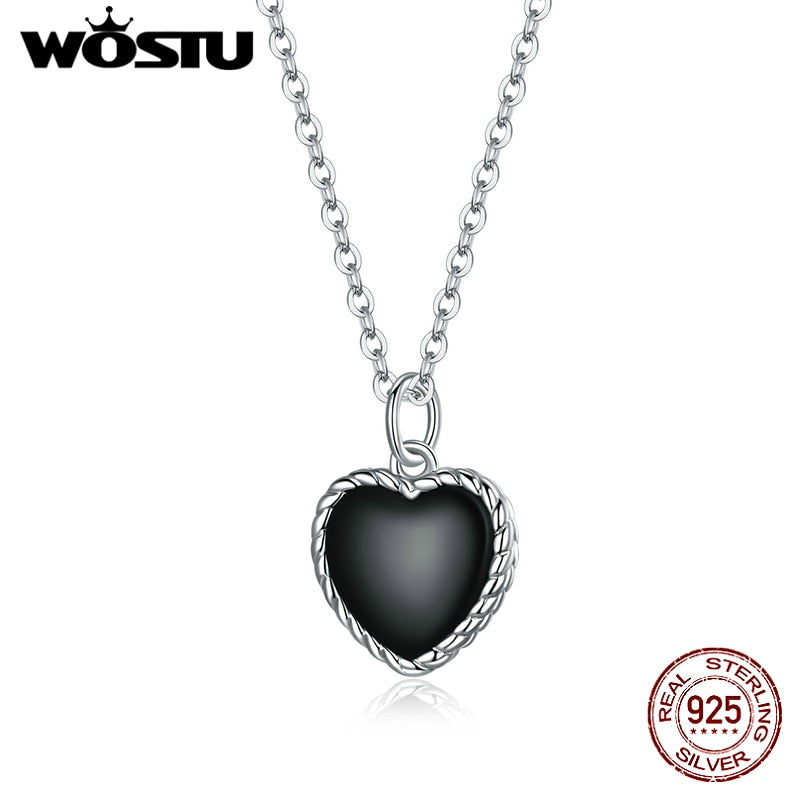 WOSTU 925 Sterling Silver Black Heart Agates Necklace Long Chain Link Necklace For Women Fashion Jewelry CQN443