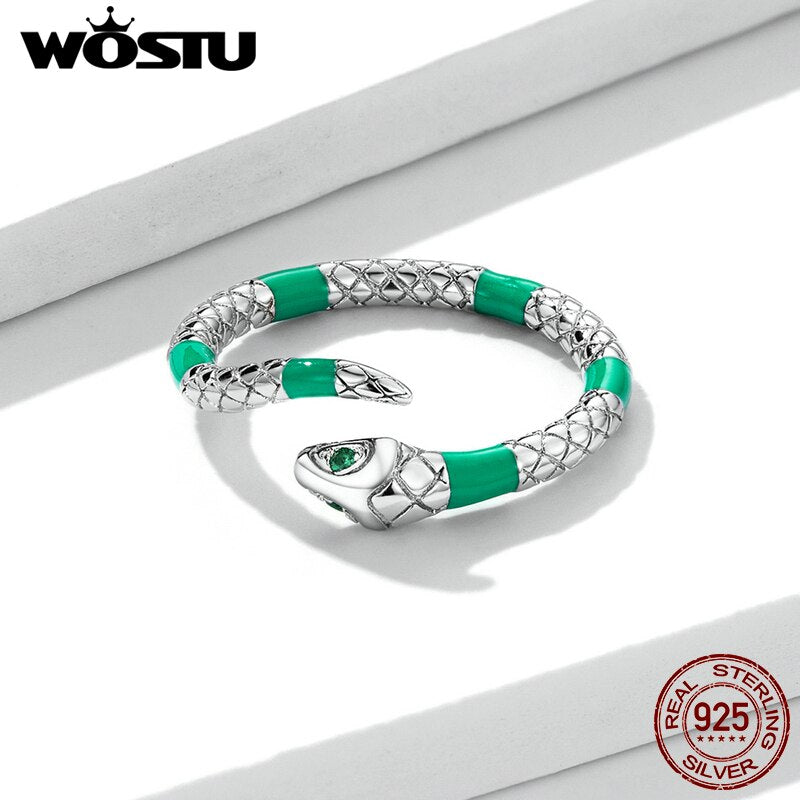 WOSTU 925 Sterling Sliver Adjustable Fluorescent Green Snake Zircon Open Rings For Women Female Original Jewelry CTR233