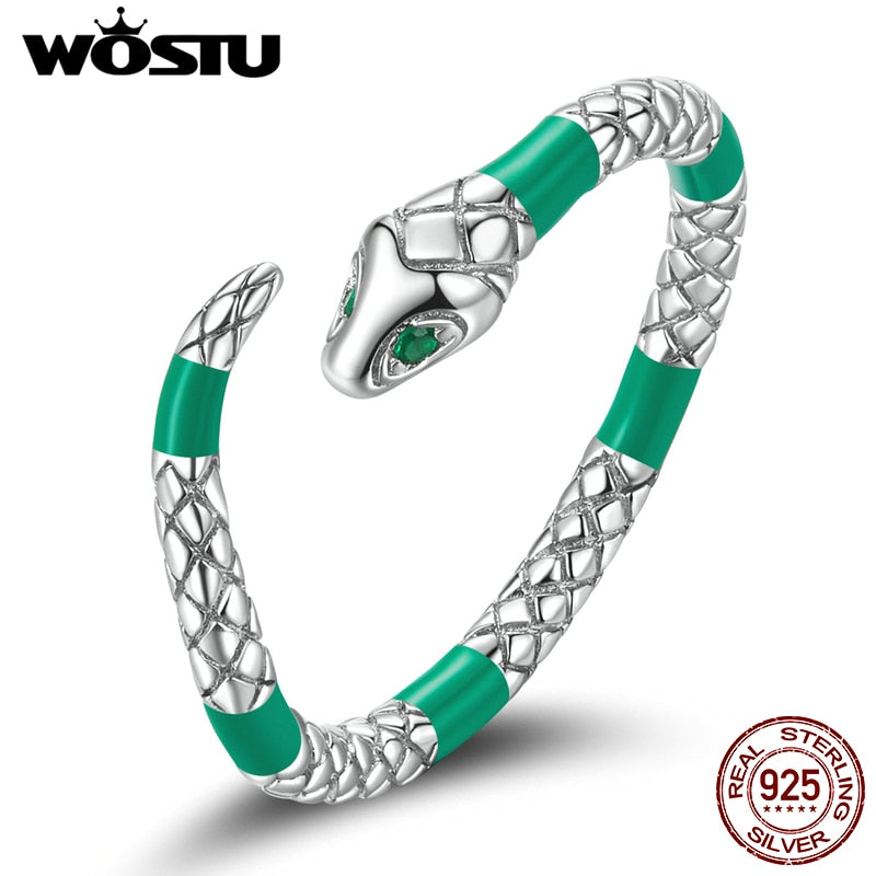 WOSTU 925 Sterling Sliver Adjustable Fluorescent Green Snake Zircon Open Rings For Women Female Original Jewelry CTR233