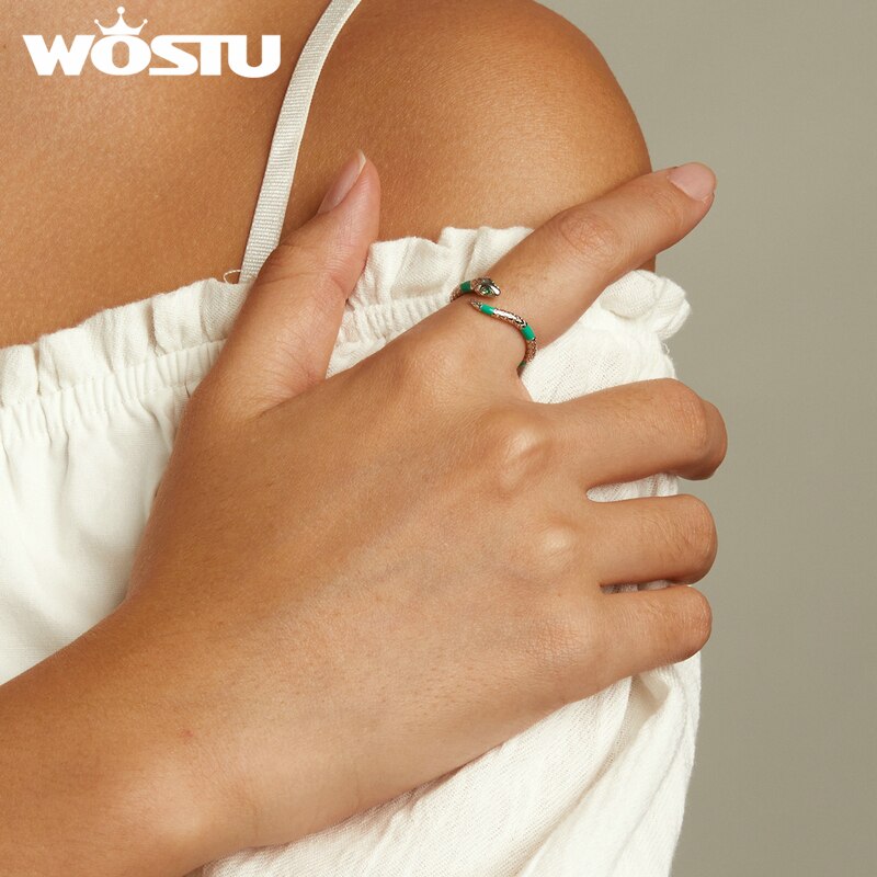 WOSTU 925 Sterling Sliver ajustable verde fluorescente serpiente circón anillos abiertos para mujeres joyería Original femenina CTR233