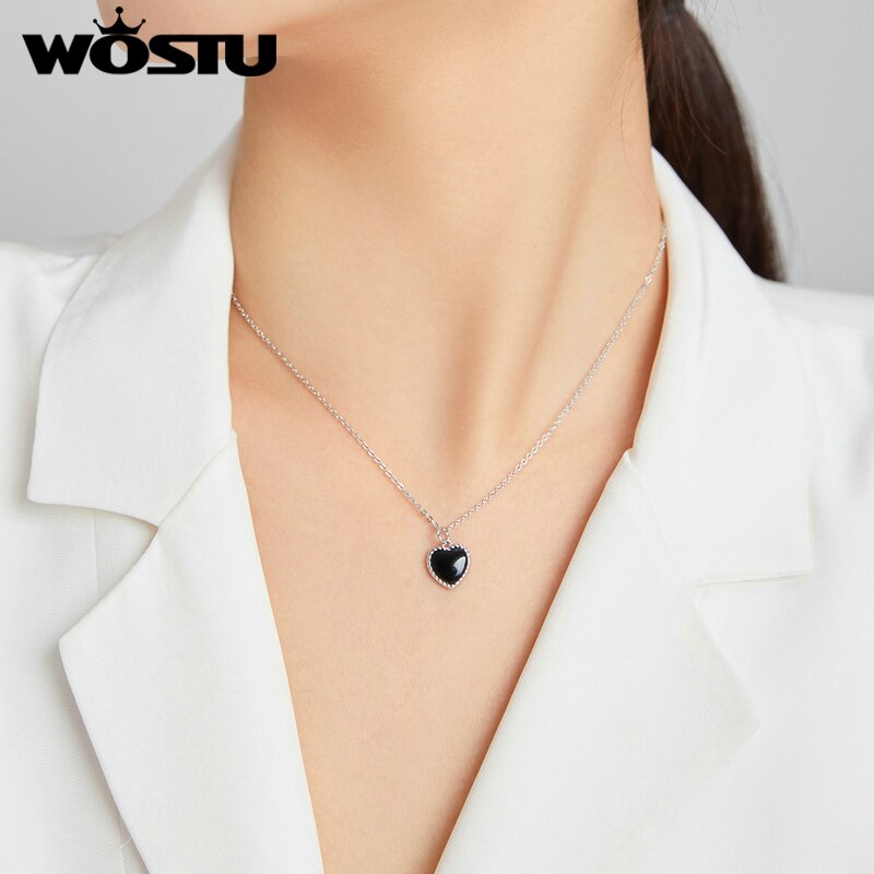 WOSTU 925 Sterling Silver Black Heart Agates Necklace Long Chain Link Necklace For Women Fashion Jewelry CQN443