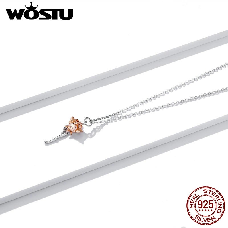 WOSTU 2020 New 925 Sterling Silver Rose Gold Flowerr Necklace Long Chain Silver Necklace For Women Wedding Jewelry Gift CTN190