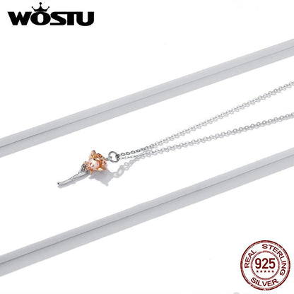 WOSTU 2020 New 925 Sterling Silver Rose Gold Flowerr Necklace Long Chain Silver Necklace For Women Wedding Jewelry Gift CTN190