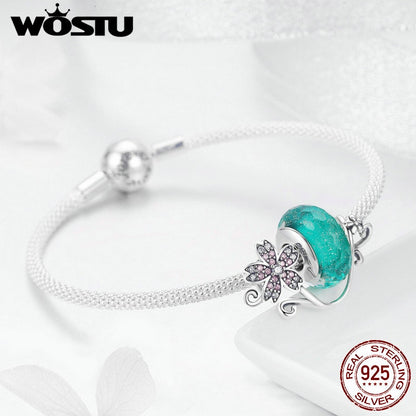 WOSTU 925 Plata de Ley verde Murano cuentas flor rosa encanto brazaletes y pulsera para mujer joyería de plata Original regalo CQB822