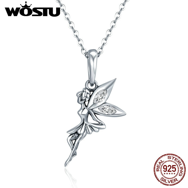 WOSTU Authentic 925 Sterling Silver Flower Fairy Dangle Pendants Necklaces for Women Fine Brand Jewelry Lover Gift