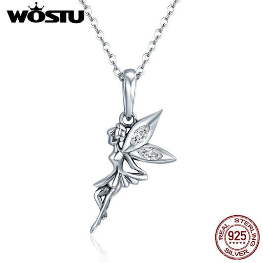 WOSTU Authentic 925 Sterling Silver Flower Fairy Dangle Pendants Necklaces for Women Fine Brand Jewelry Lover Gift