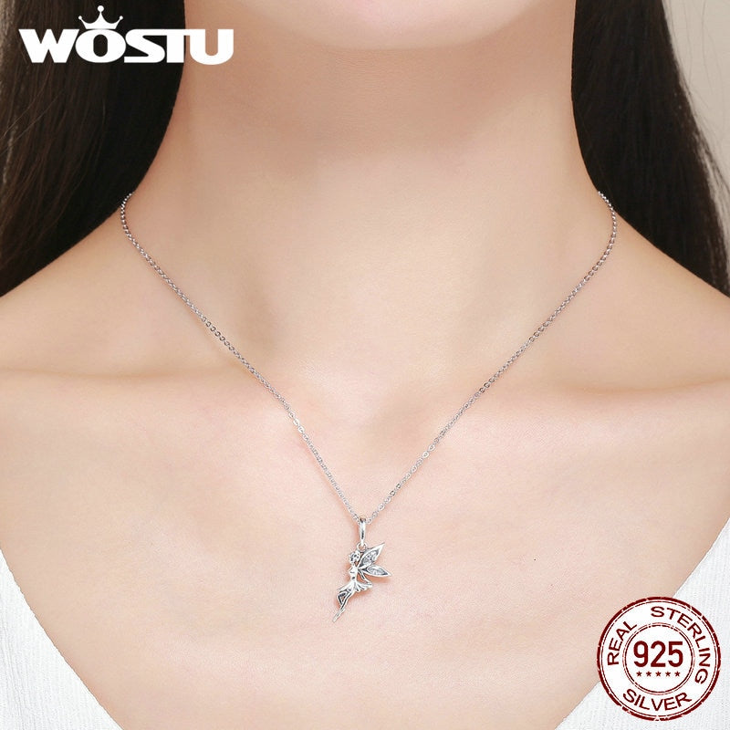 WOSTU Authentic 925 Sterling Silver Flower Fairy Dangle Pendants Necklaces for Women Fine Brand Jewelry Lover Gift