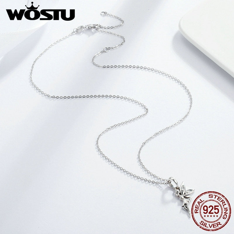 WOSTU Authentic 925 Sterling Silver Flower Fairy Dangle Pendants Necklaces for Women Fine Brand Jewelry Lover Gift