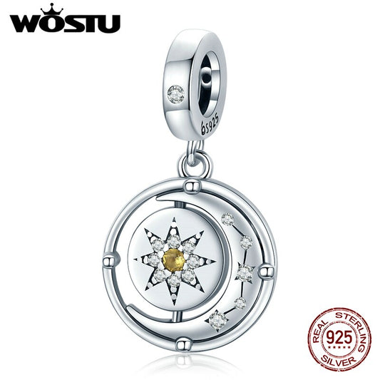 WOSTU 925 Sterling Silver Charm Moon &amp; Star Bead Pendant Fit Original Bracelet Necklace For Women Jewelry CTC477