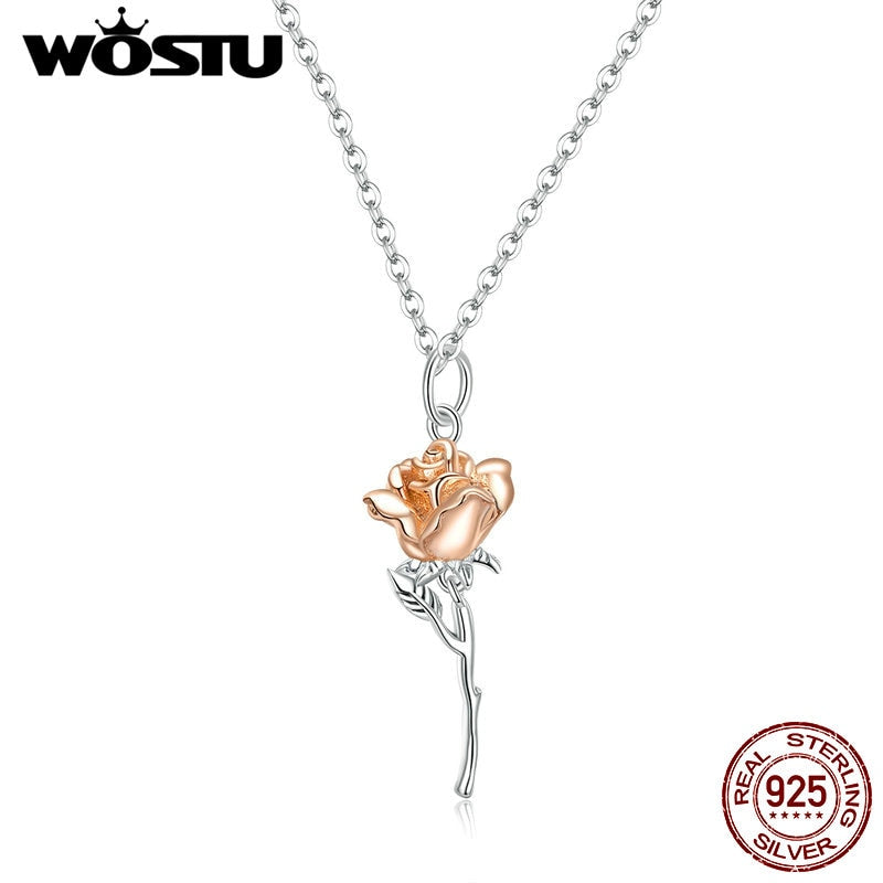 WOSTU 2020 New 925 Sterling Silver Rose Gold Flowerr Necklace Long Chain Silver Necklace For Women Wedding Jewelry Gift CTN190