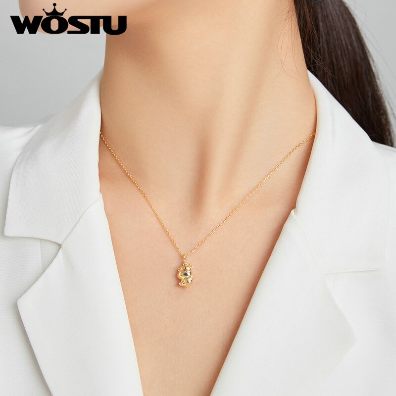 WOSTU 925 Sterling Silver Heart to Heart Necklace Dazzling CZ Long Chain Link Necklace For Women Fashion Jewelry CQN442