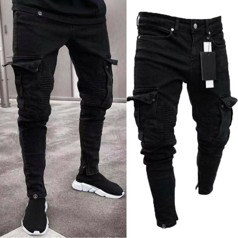 Pantalones de mezclilla largos rasgados de motorista para hombres Pantalones de mezclilla ajustados Pantalones negros elásticos destruidos