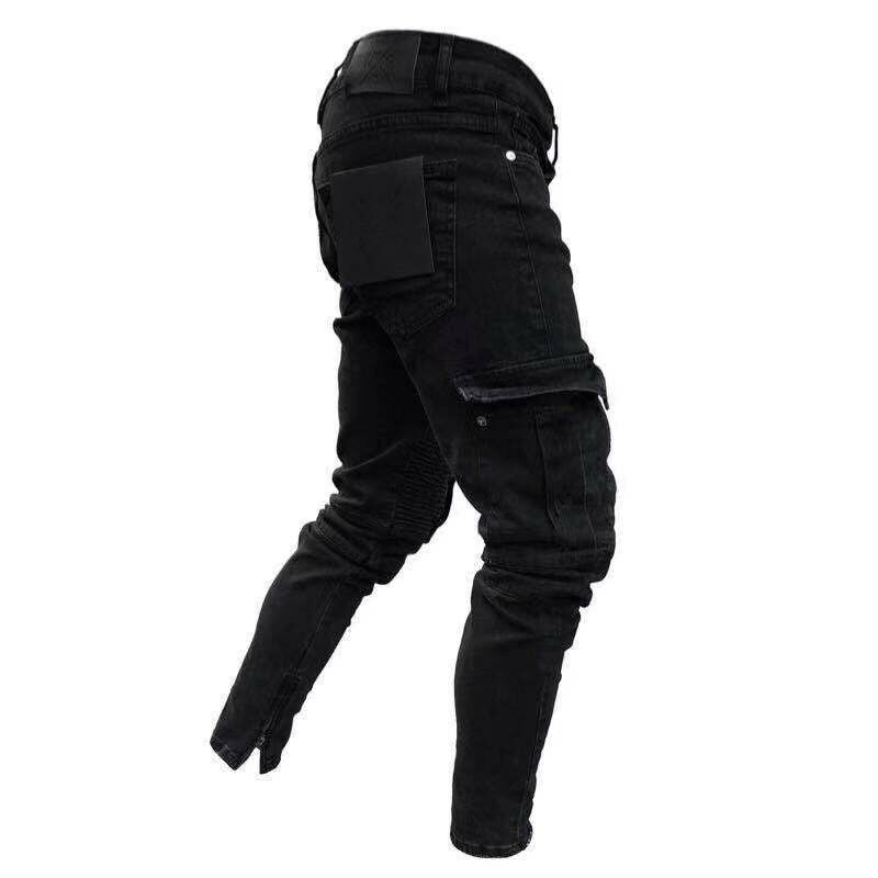 Pantalones de mezclilla largos rasgados de motorista para hombres Pantalones de mezclilla ajustados Pantalones negros elásticos destruidos