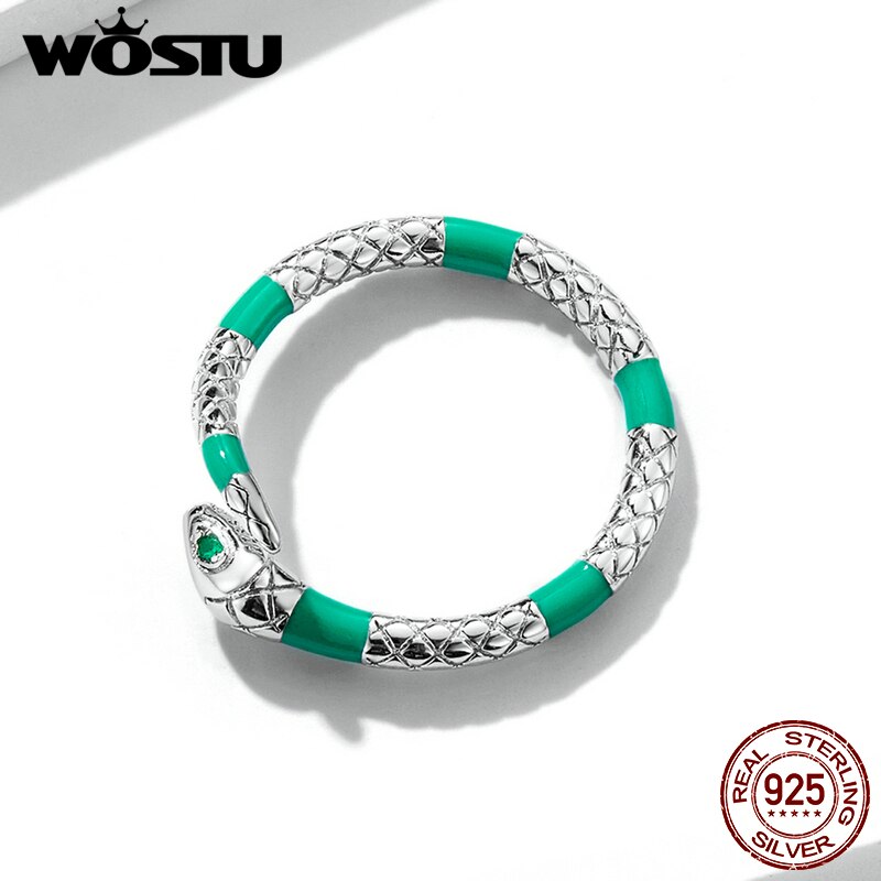 WOSTU 925 Sterling Sliver Adjustable Fluorescent Green Snake Zircon Open Rings For Women Female Original Jewelry CTR233