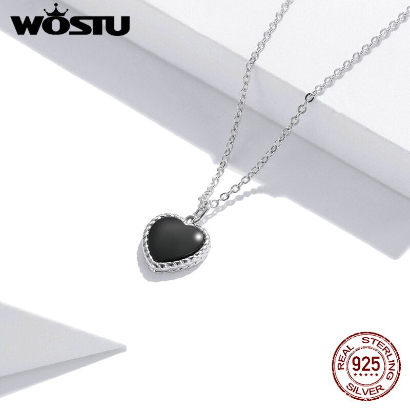 WOSTU 925 Sterling Silver Black Heart Agates Necklace Long Chain Link Necklace For Women Fashion Jewelry CQN443