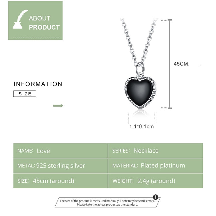 WOSTU 925 Sterling Silver Black Heart Agates Necklace Long Chain Link Necklace For Women Fashion Jewelry CQN443