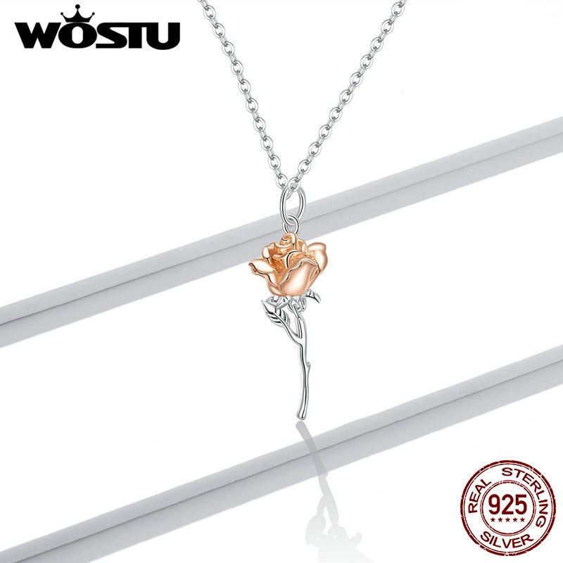 WOSTU 2020 New 925 Sterling Silver Rose Gold Flowerr Necklace Long Chain Silver Necklace For Women Wedding Jewelry Gift CTN190