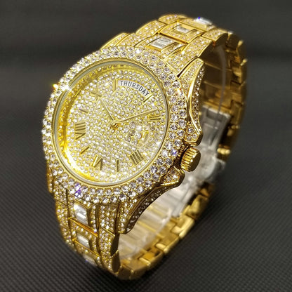 MISSFOX Iced Out Watch Unisex Luxury Gold Full Diamond Hip Hop Impermeable Día Fecha Reloj Producto más vendido