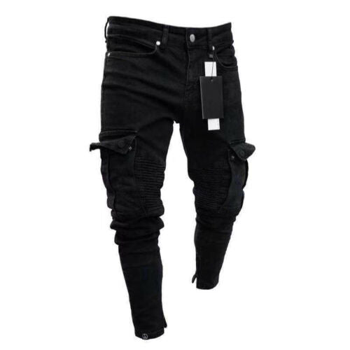 Pantalones de mezclilla largos rasgados de motorista para hombres Pantalones de mezclilla ajustados Pantalones negros elásticos destruidos