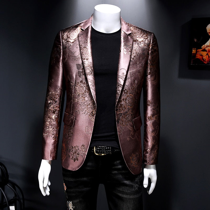 Blazer para Hombre, Blazer Vintage de Jacquard para Hombre, traje de novio de boda, Chaqueta de cena de lujo de hilo dorado de Metal, chaqueta Formal ajustada para Hombre