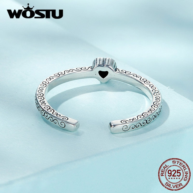 WOSTU 925 Sterling Silver Classical Heart Style Black Crystal CZ Rings For Women Retro Flower Pattern Ring Special Gift For Her